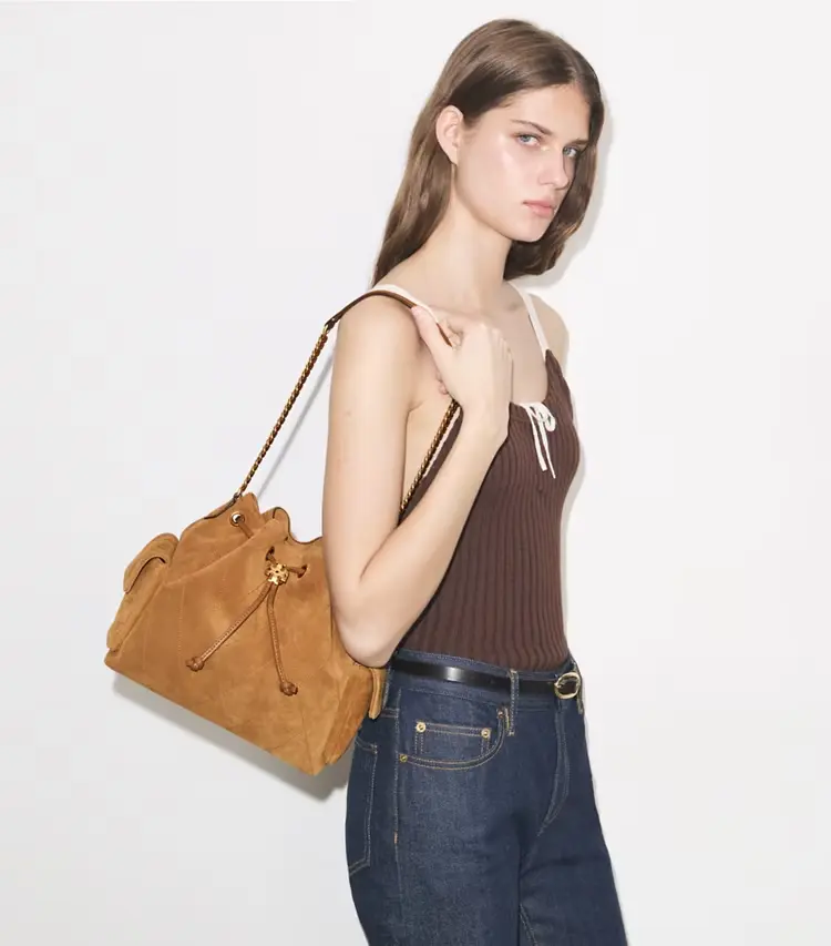 Charlie Quilted Suede Drawstring Shoulder Bag - Image 3