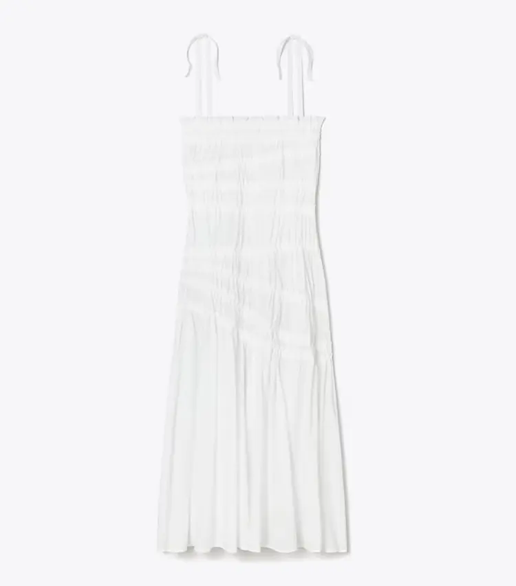 Shoulder Tie Smocked Cotton Dress