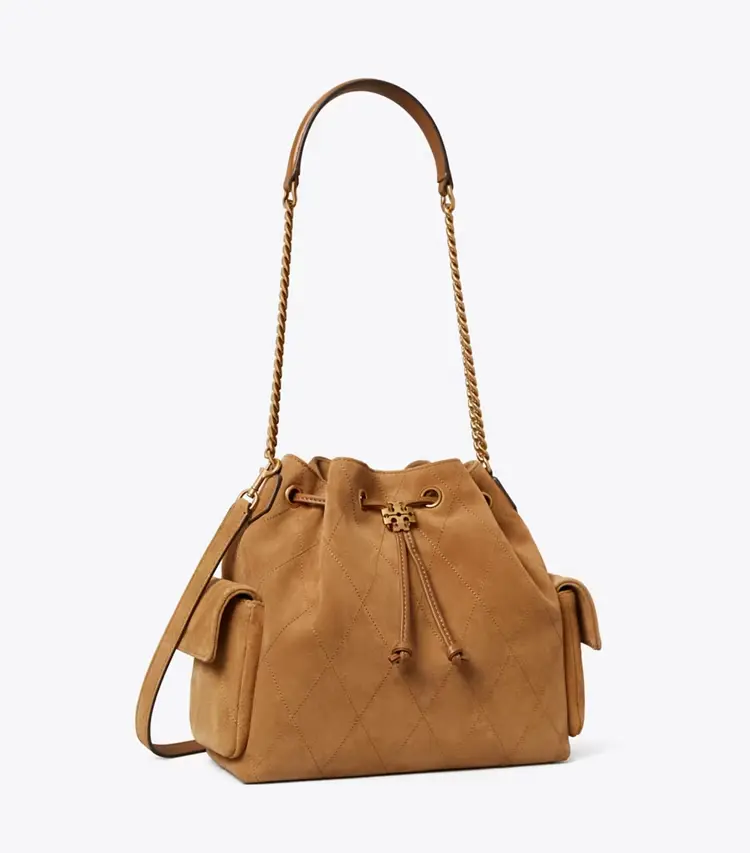 Charlie Quilted Suede Drawstring Shoulder Bag